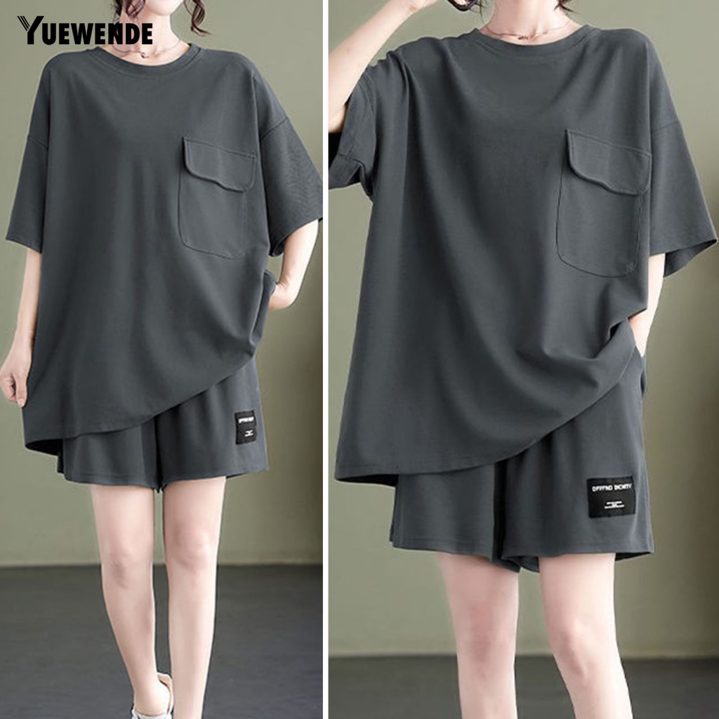 Set 2 Món Áo Thun Cổ Tròn Phối Quần Short Thời Trang Cá Tính Cho Nữ