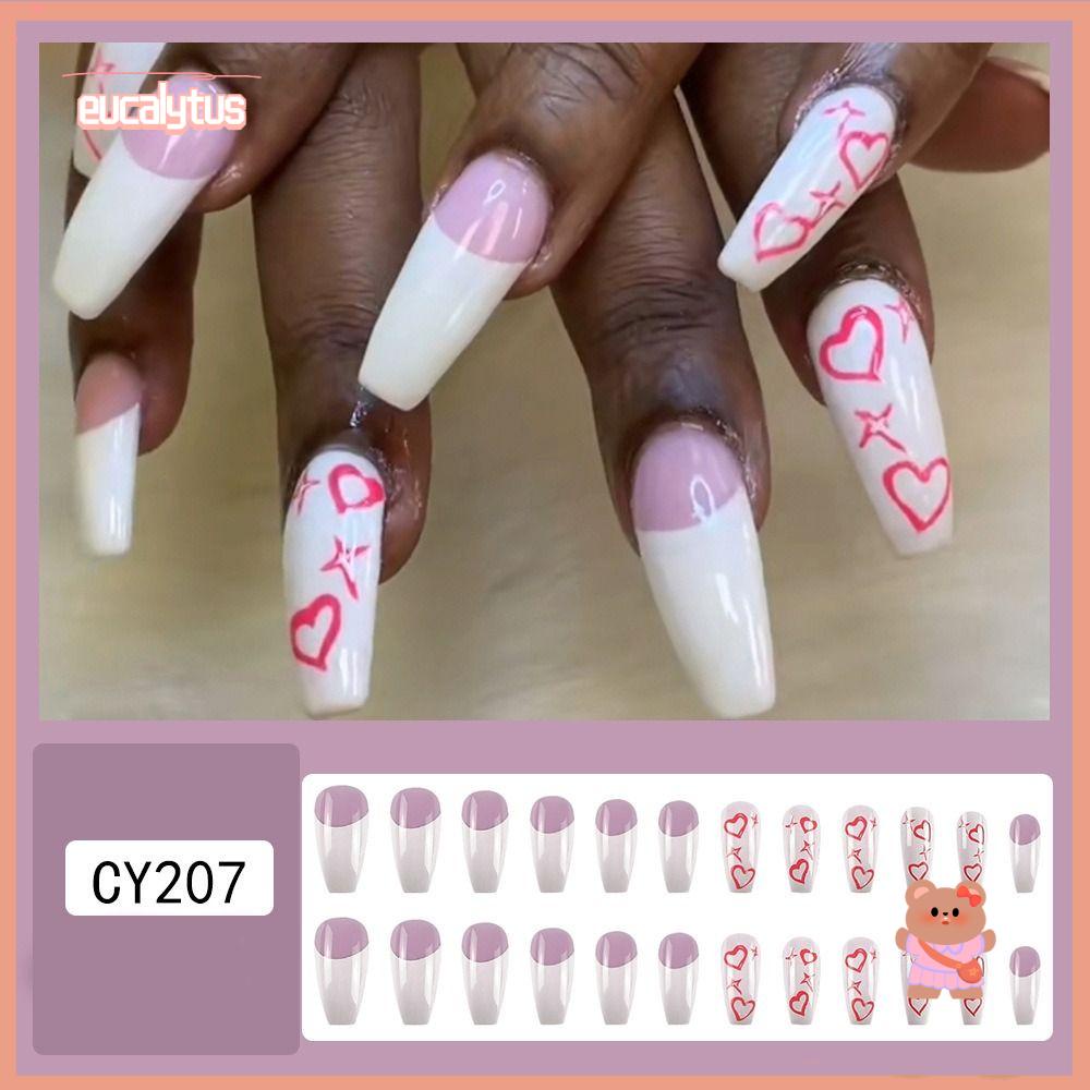 Set 24 Móng Tay Giả Họa Tiết Trái Tim Có Thể Tháo Rời