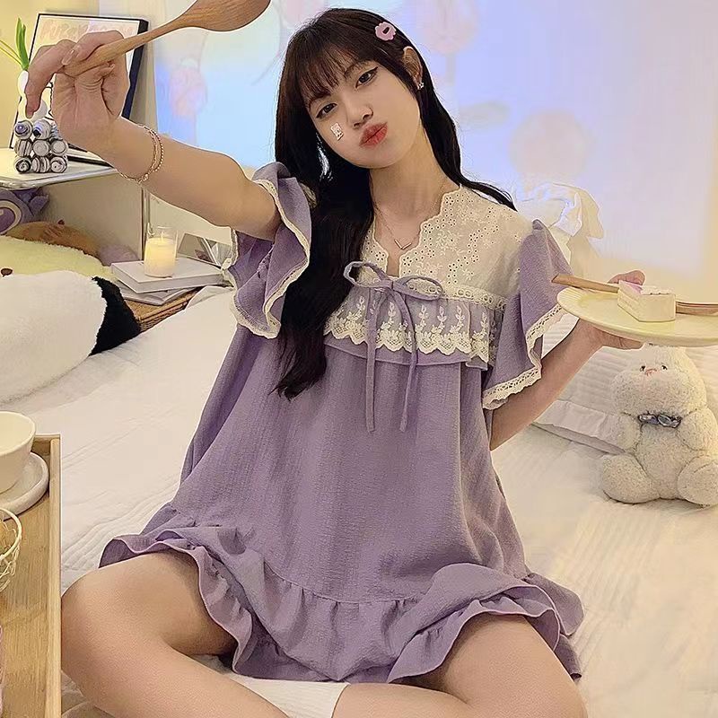 Bộ Đồ Ngủ Tay Ngắn Phối Ren Dễ Thương Thời Trang Mùa Hè 2023 Cho Bạn Gái