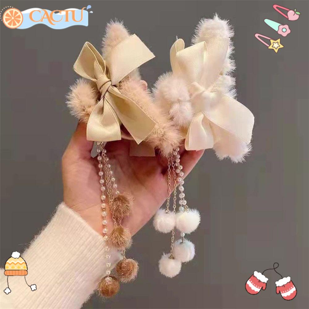 Kẹp Tóc Càng Cua Dáng Dài Phối Dây Tua Rua Vải Lông Thời Trang Thu Đông