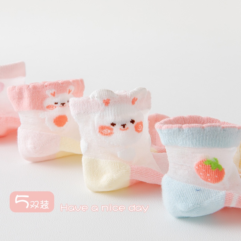 Bộ 5 Đôi Vớ Cotton Lụa Lạnh Mỏng Thoáng Khí In Hoạt Hình Dễ Thương Thời Trang Mùa Hè Cho Bé Gái
