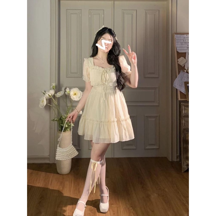 Đầm Ngắn Dáng Chữ a Cổ Vuông Nhấn Eo Phong Cách Pháp Thời Trang Mùa Hè Xinh Xắn Cho Nữ