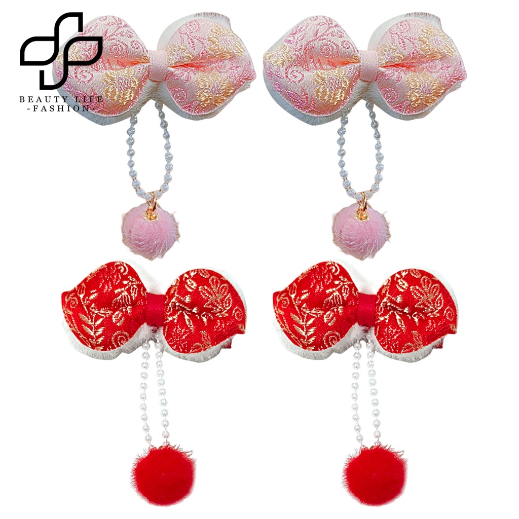 Bộ 2 Kẹp Tóc Nơ Đính Bóng Lông Tua Rua Đỏ Phong Cách Trung Hoa Cổ Điển Mừng Năm Mới Cho Bé Gái