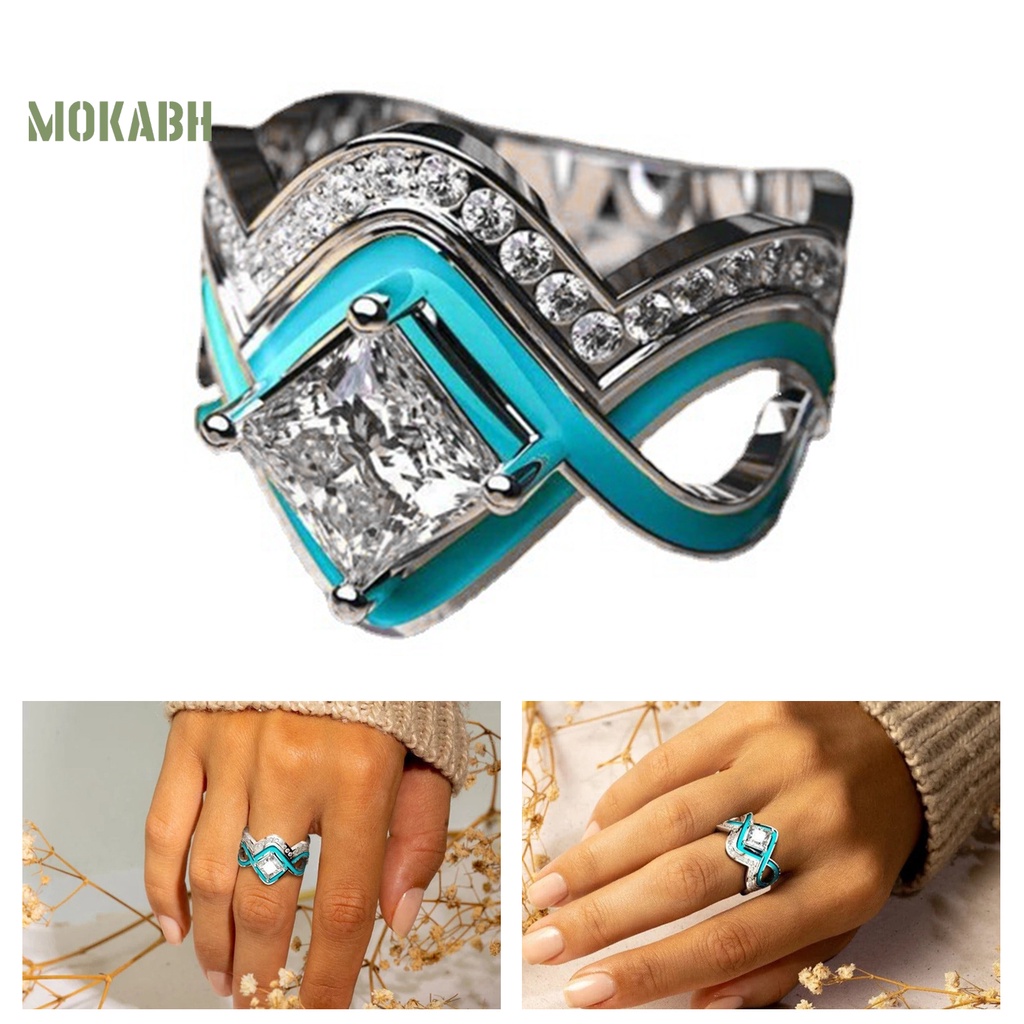 [Mok Abh] Nhẫn Hai Lớp Đính Đá Ngọc Lam Nhân Tạo Hình Sóng Biển Phong Cách Vintage Cho Nữ