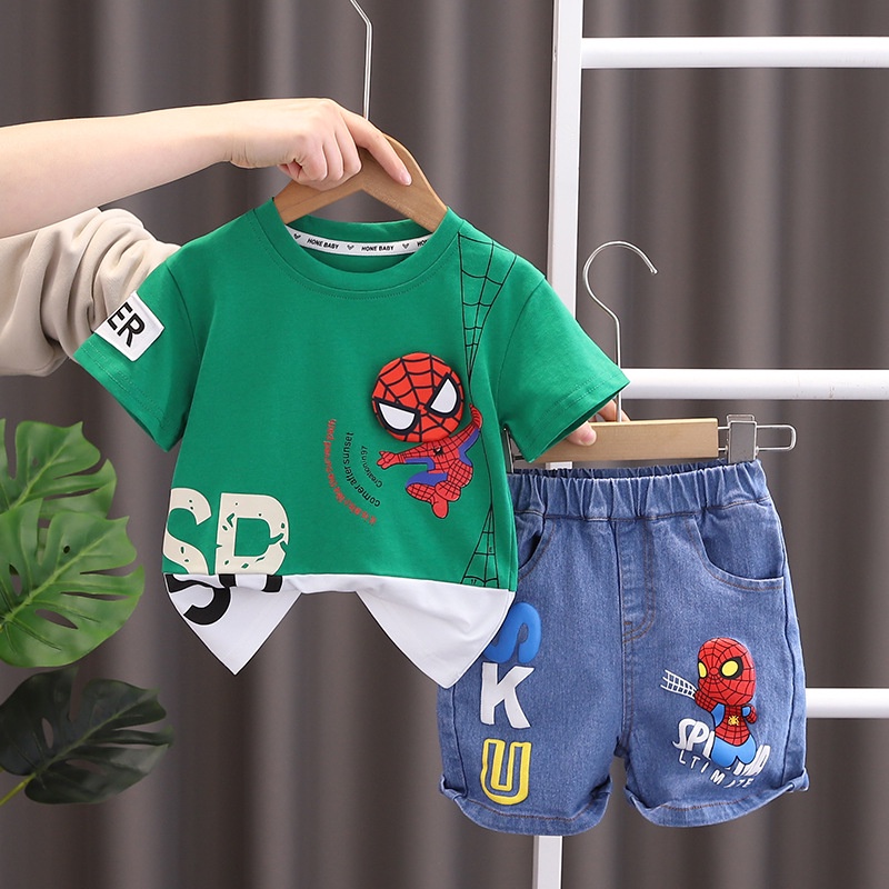 Set Đồ Mùa Hè 2 Món Gồm Áo Cotton In Hình Người Nhện Hoạt Hình + Quần Ngắn Denim Cho Bé Trai