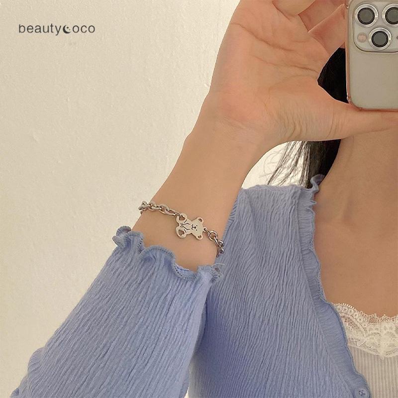 Beautycoco🍊Vòng Tay Thép Titan Màu Bạc Hình Gấu Dễ Thương Thời Trang Cho Nữ