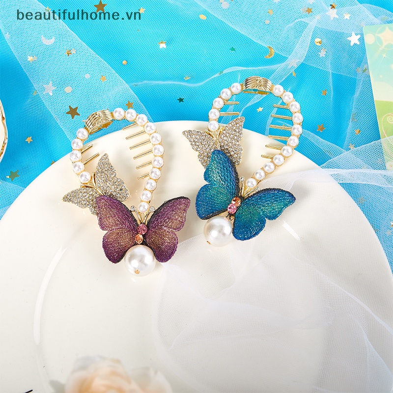 Kẹp Tóc Càng Cua Đính Đá Ngọc Trai Hình Bướm Xinh Xắn Cho Nữ