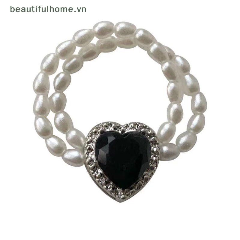 [beautifulhome] Nhẫn Hai Lớp Đính Ngọc Trai Giả Thanh Lịch Hình Trái Tim Có Thể Điều Chỉnh Trang Sức Dự Tiệc [beauty]