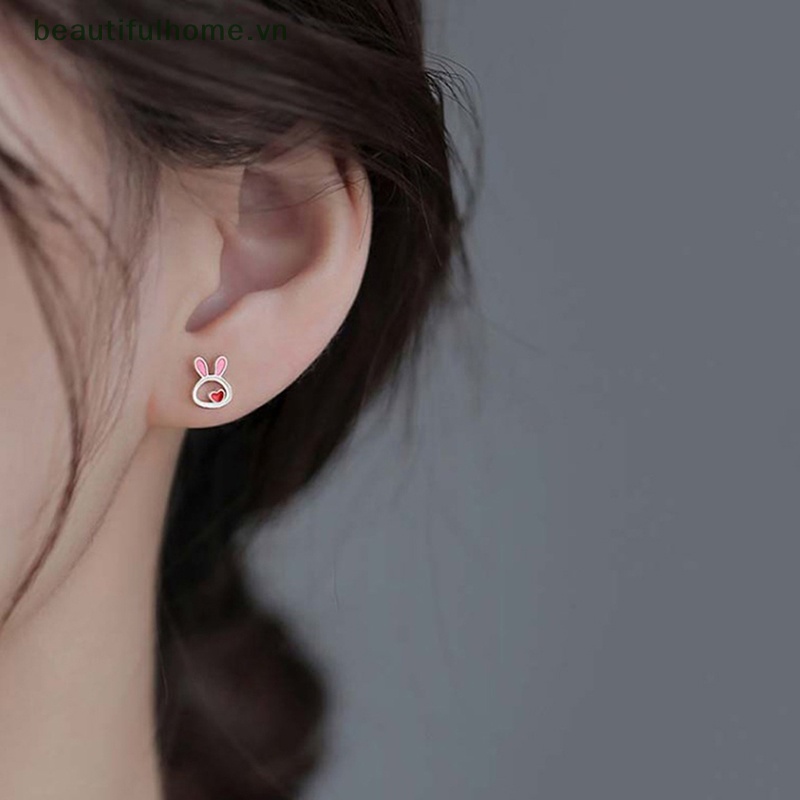 [beautifulhome] Bông Tai Hình Thỏ Trái Tim Màu Bạc Dễ Thương Dành Cho Nữ [beauty]