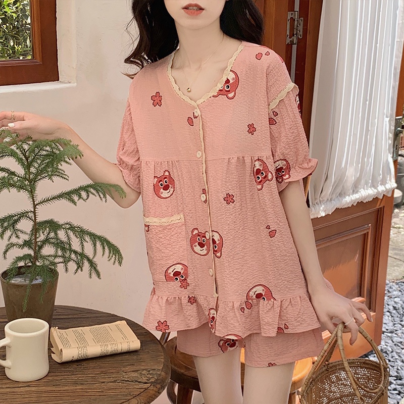 Bộ Đồ Ngủ 3 Món Bằng Cotton Tay Ngắn In Hình Gấu Và Dâu Tây Dễ Thương Phong Cách Hàn Quốc Cho Nữ