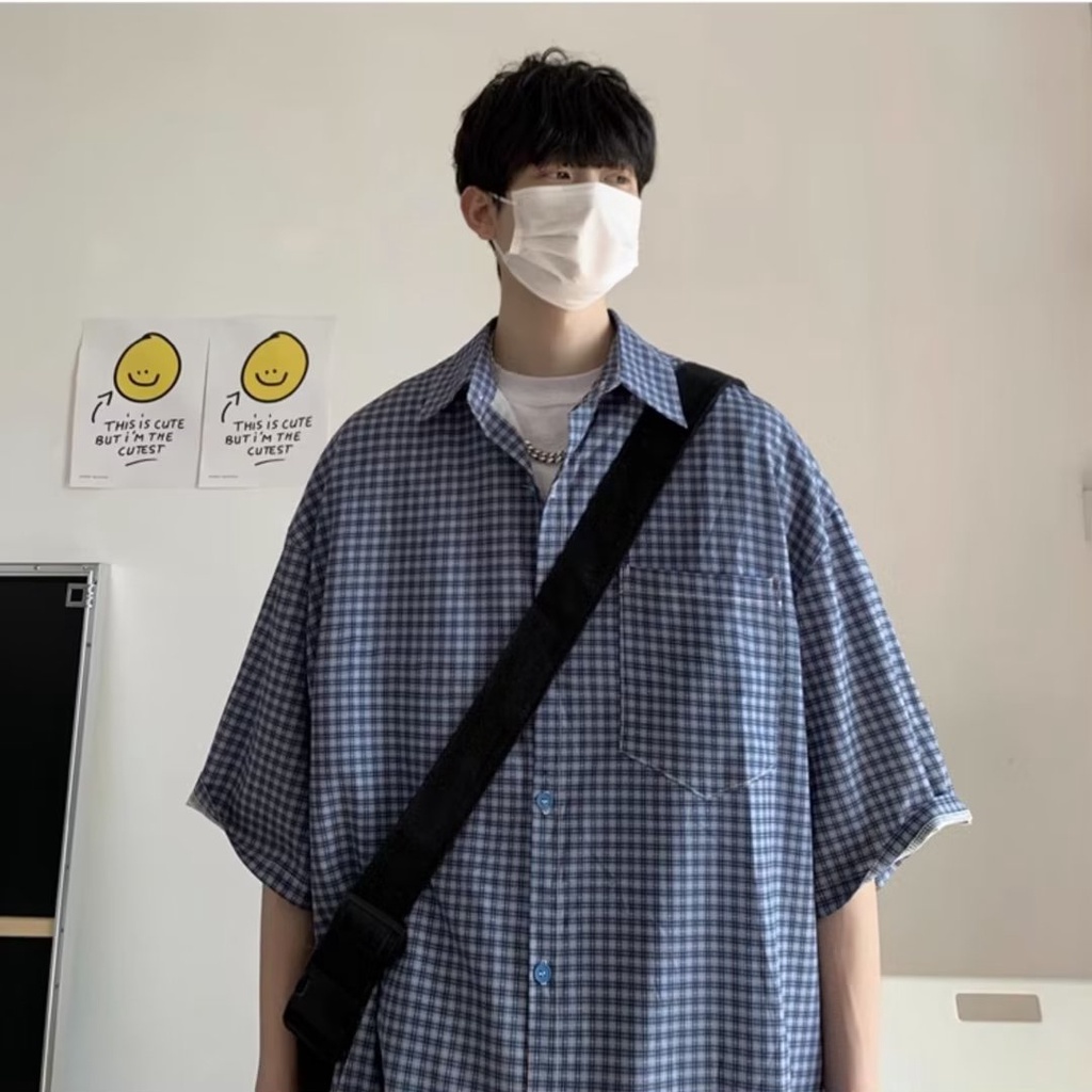 Áo Sơ Mi Tay Ngắn Họa Tiết Sọc Caro Phong Cách Nhật Bản Thời Trang Mùa Hè Cho Nam