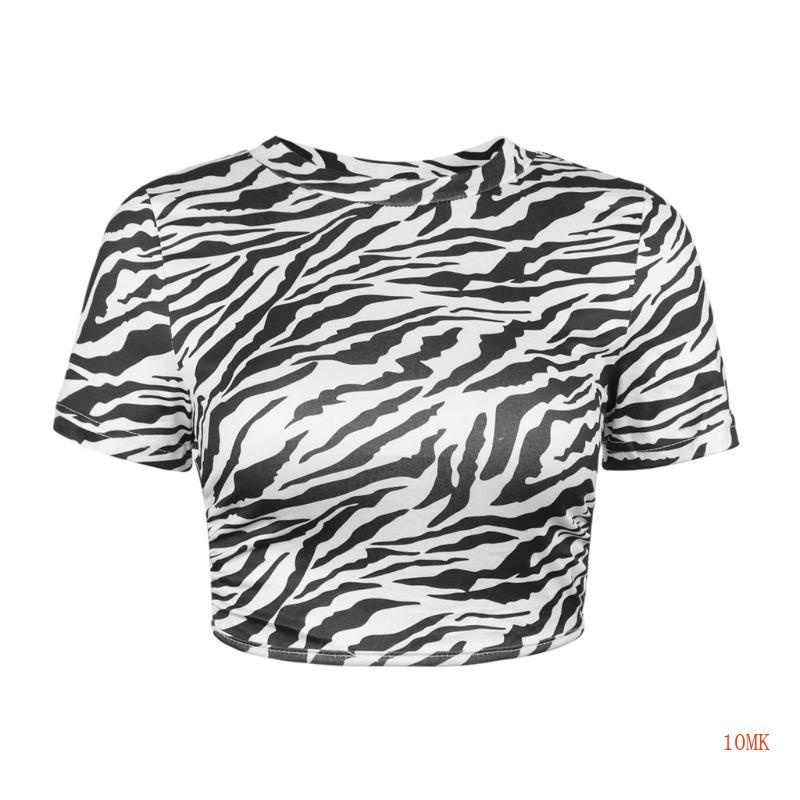 Áo Croptop Ngắn Tay Cổ Tròn Hở Lưng Form Ôm Họa Tiết Sọc Ngựa Vằn Cho Nữ