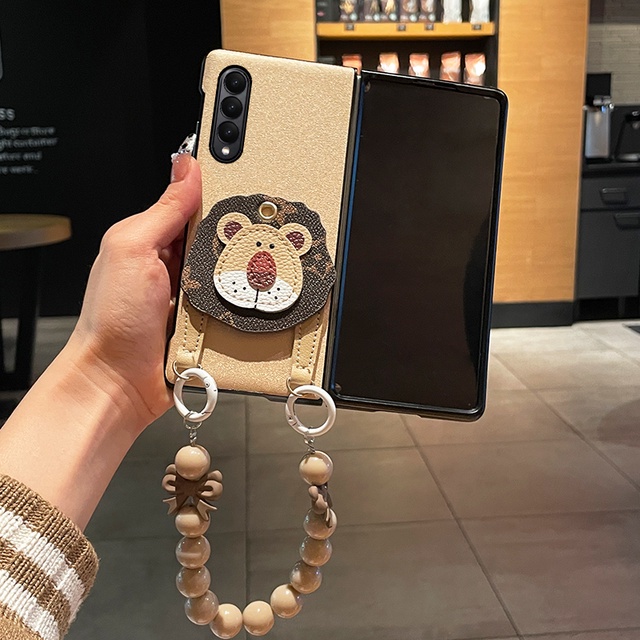 Bao Da Điện Thoại Hình Sư Tử Đính Hạt Vàng Sang Trọng Cho samsung galaxy z fold 5 4 3 2 5g Ốp