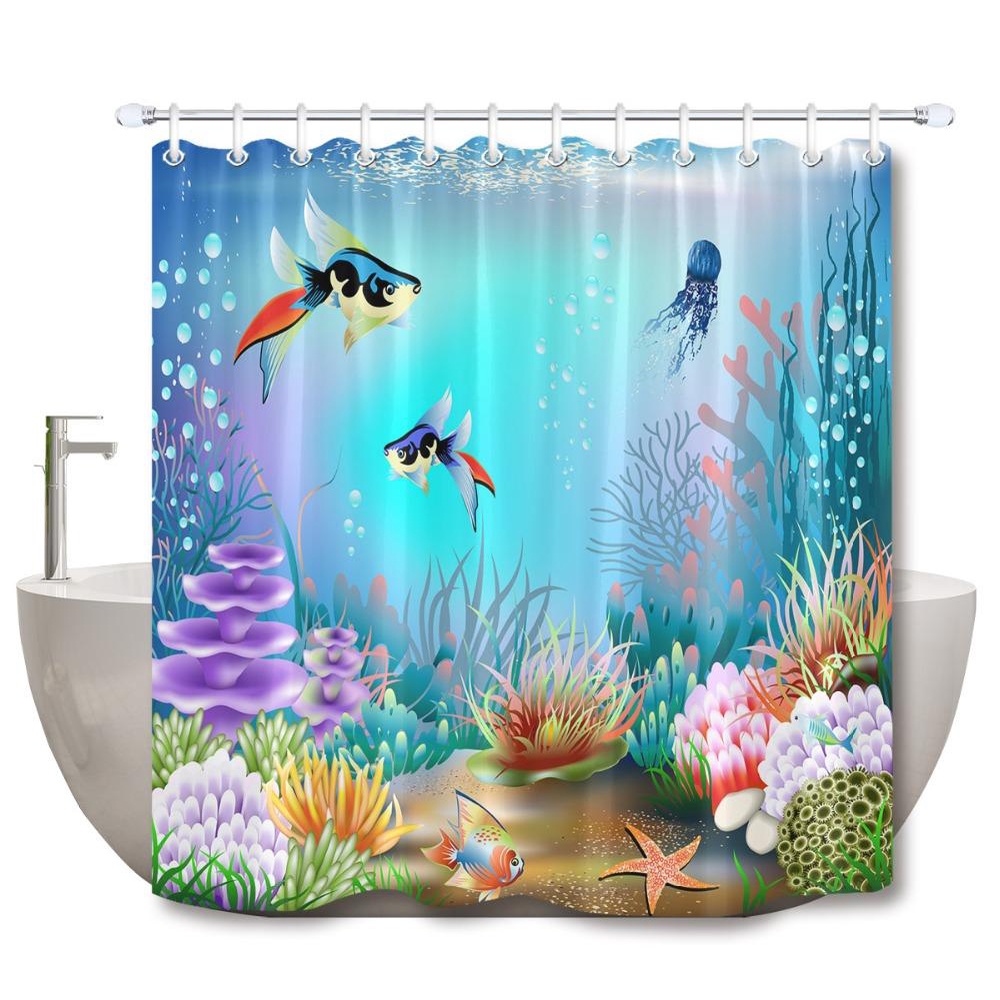 Rèm Che Bồn Tắm Trang Trí Chống Nước Hình Cá San Hô Và Cây