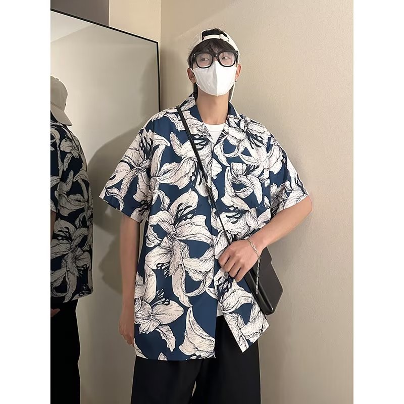 {GRNL} Áo Sơ Mi Tay Ngắn Dáng Rộng Năm Tấc Họa Tiết Vẽ Tay Tự Nhiên Thoáng Khí Retro Cho Nam Và Nữ