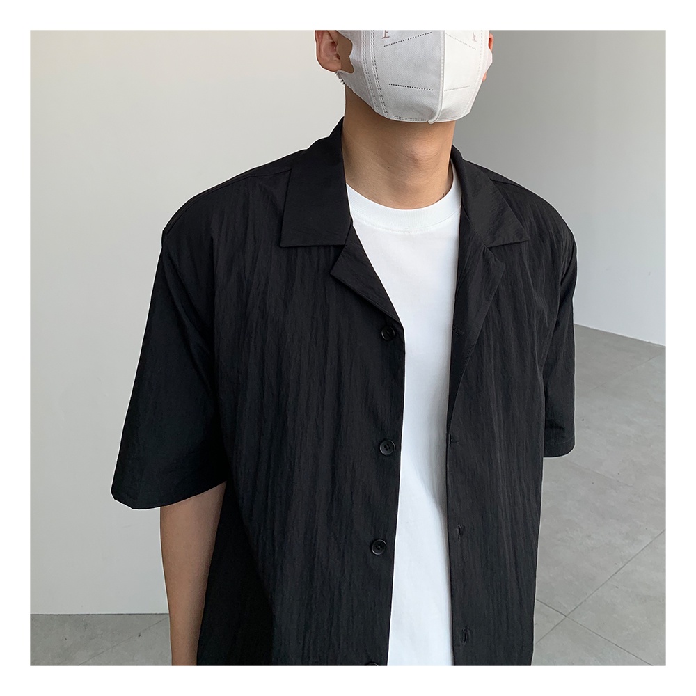 Áo Sơ Mi Mỏng Tay Ngắn Dáng Rộng Cổ Bẻ Xếp Ly Thời Trang Xuân Thu Cao Cấp Cho Nam