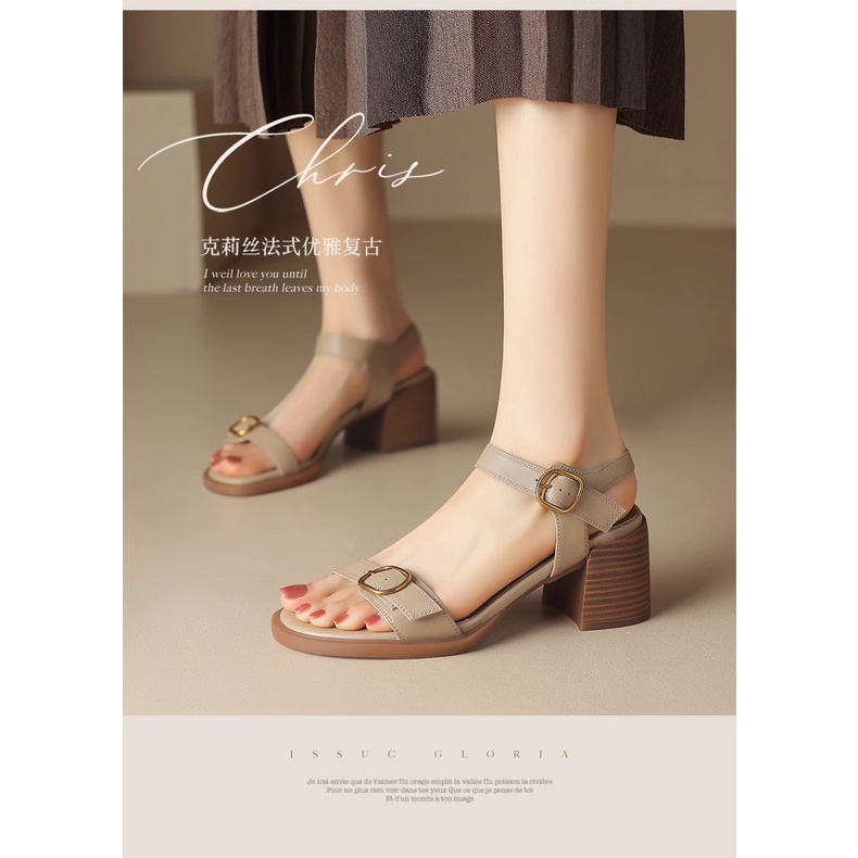 Duoya Tóc Thẳng ~ [Hàng Có Sẵn] Giày Sandal Dây Da Thật Mềm Cao Gót Hở Ngón Đế Dày Cài Khóa La Mã Cho Nữ