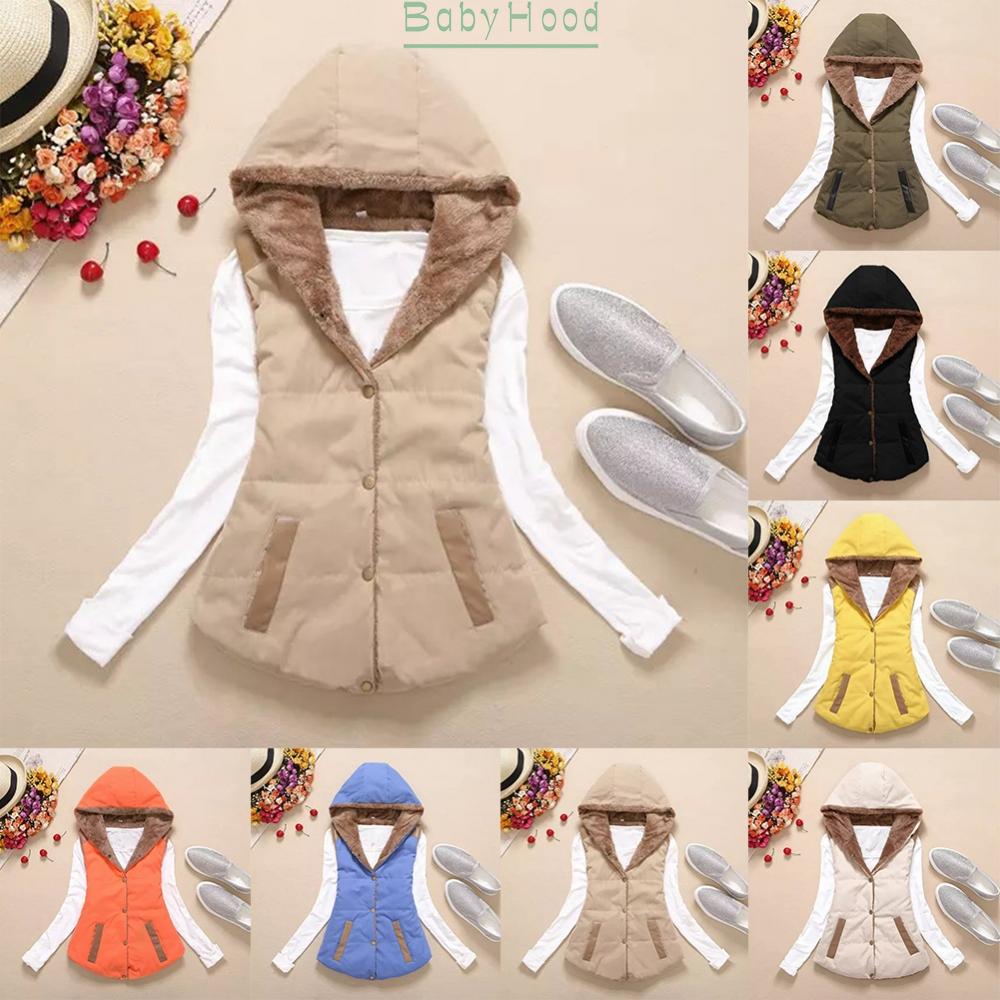 Women Winter Button Down Hooded Jacket Warmer Lady Gilet Waistcoat Padded Coat#BBHOOD