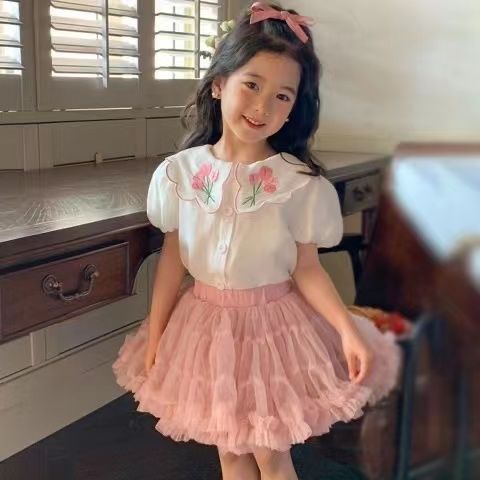 Áo Sơ Mi Trắng Cotton Tay Ngắn Thêu Hình Dành Cho Bé Gái Mùa Hè 2023 ，áo thun dài tay bé gái