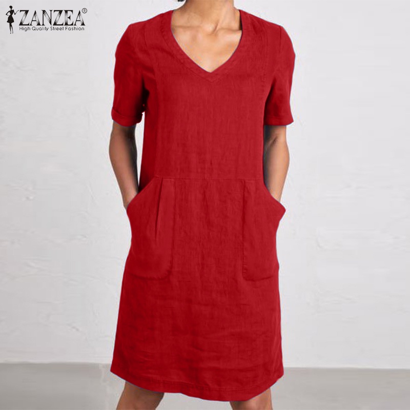 Zanzea Đầm Nữ Ngắn Tay Cổ Chữ V Thời Trang Vintage