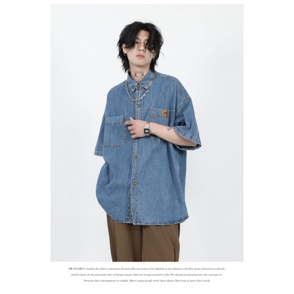 Áo Sơ Mi Denim Tay Ngắn Dáng Rộng Phong Cách Thời Trang Đường Phố Nhật Bản Cho Nam Và Nữ