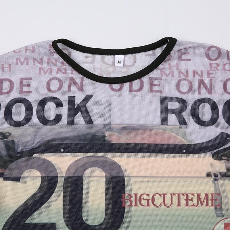 [] Áo Thun Lưới Ngắn Tay Xuyên Thấu Cổ Thuyền In Chữ Going Out Y2k Thời Trang Mùa Hè Cho Nữ