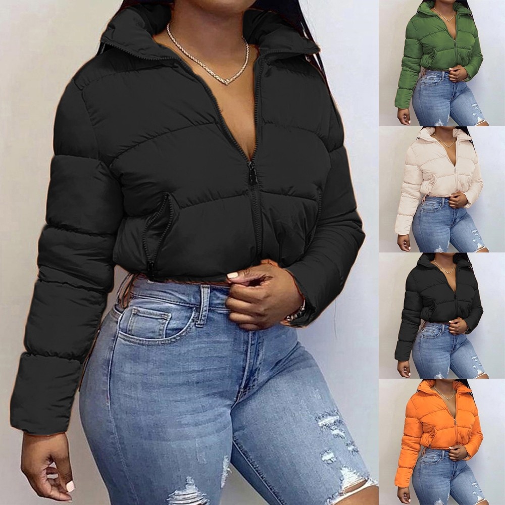 Áo Khoác Phao Dáng Ngắn Phối Khoá Kéo Thời Trang Mùa Đông Cho Nữ