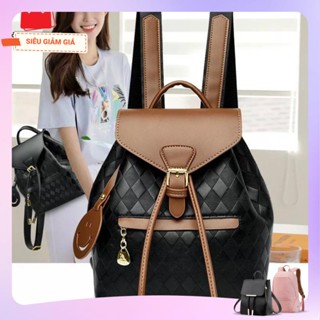 Balo nữ da mini , Ba lô thời trang nữ phong cách Retro vân hình thoi hai màu đen nâu
