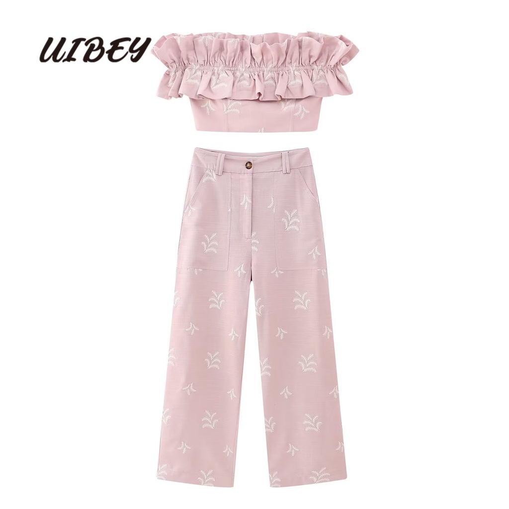 Uibey Bộ Áo Không Tay Thêu Họa Tiết + Quần Lưng Cao Xinh Xắn 3695
