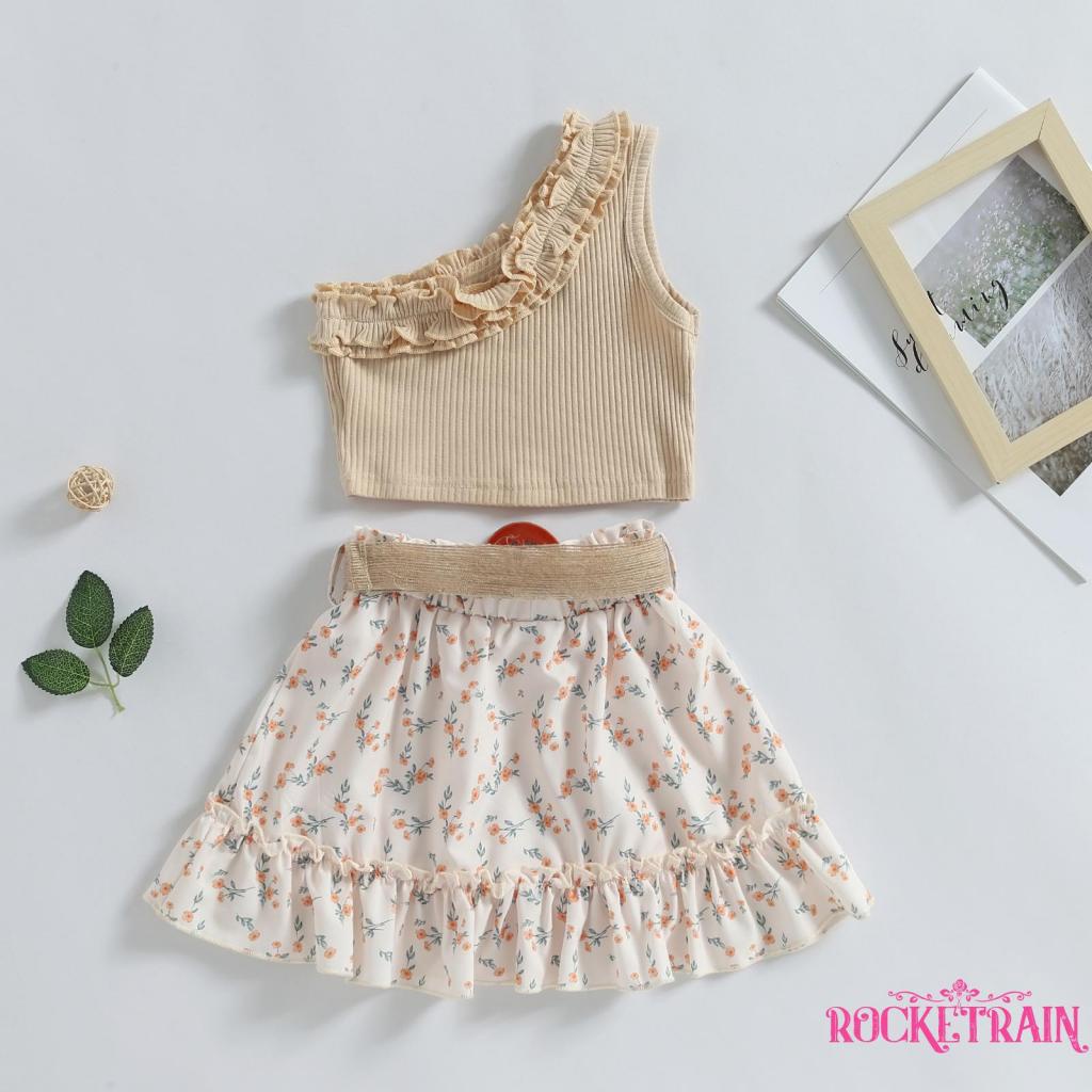 Bộ Áo Ba Lỗ Co Giãn Phối Bèo + Chân Váy In Hoa Kèm Thắt Lưng Thời Trang Mùa Hè Cho Bé Gái