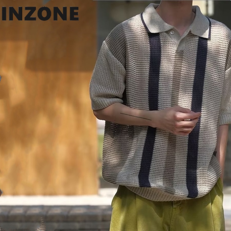 Áo polo Dệt Kim Tay Ngắn Thoáng Khí Màu Sắc Khối Rỗng Phong Cách Hàn Quốc