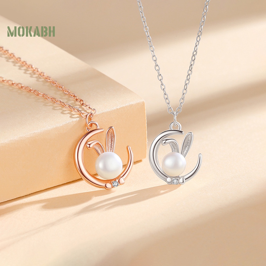 Vòng cổ Mặt Hình Thỏ Và Mặt Trăng Đính Ngọc Trai Giả Thanh Lịch Cho Nữ