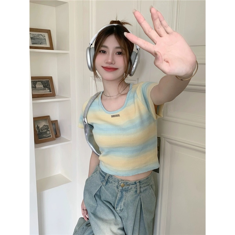 Áo Thun Ngắn Tay Dáng Ôm Họa Tiết Kẻ Sọc Thời Trang Mùa Hè Phong Cách Hàn Quốc Cho Nữ