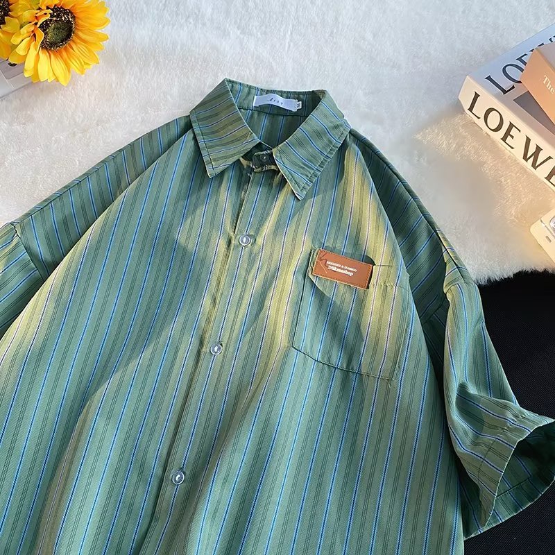 Áo Sơ Mi Tay Ngắn Kẻ Sọc Phong Cách Đường Phố Nhật Bản Thời Trang Mùa Hè Cho Nam