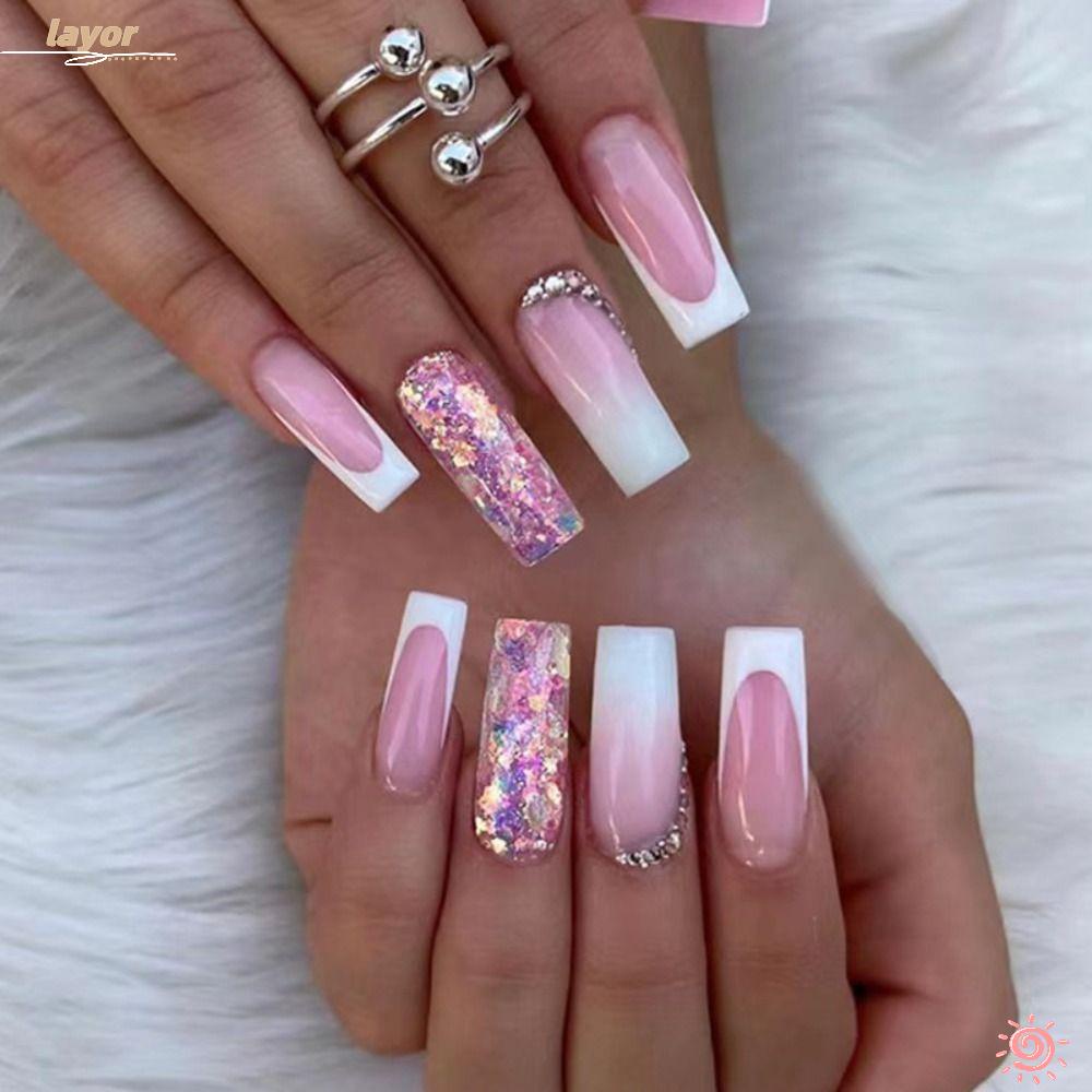 LAY Bộ 24 Móng Tay Giả Che Phủ Toàn Diện Đính Kim Sa Lấp Lánh DIY