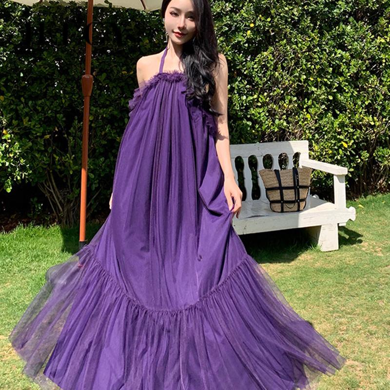 Đầm Tím Cổ Yếm Phối Lưới Phong Cách Phương Tây Thời Trang Cho Nữ