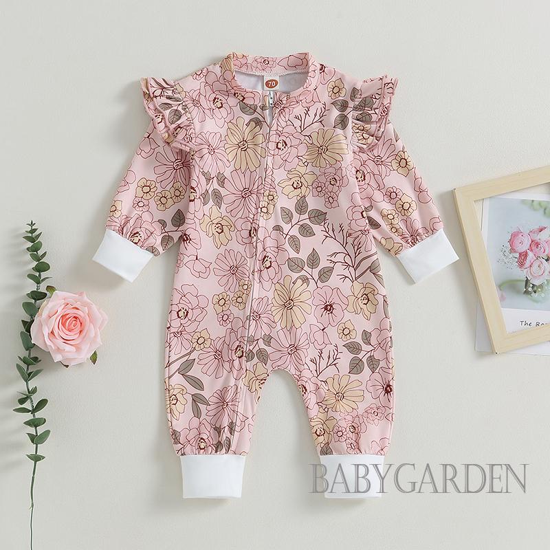 Bộ Áo Liền Quần Tay Dài Cổ Tròn In Hoa Có Khóa Kéo Dành Cho Bé Gái 0-24 Tháng Tuổi