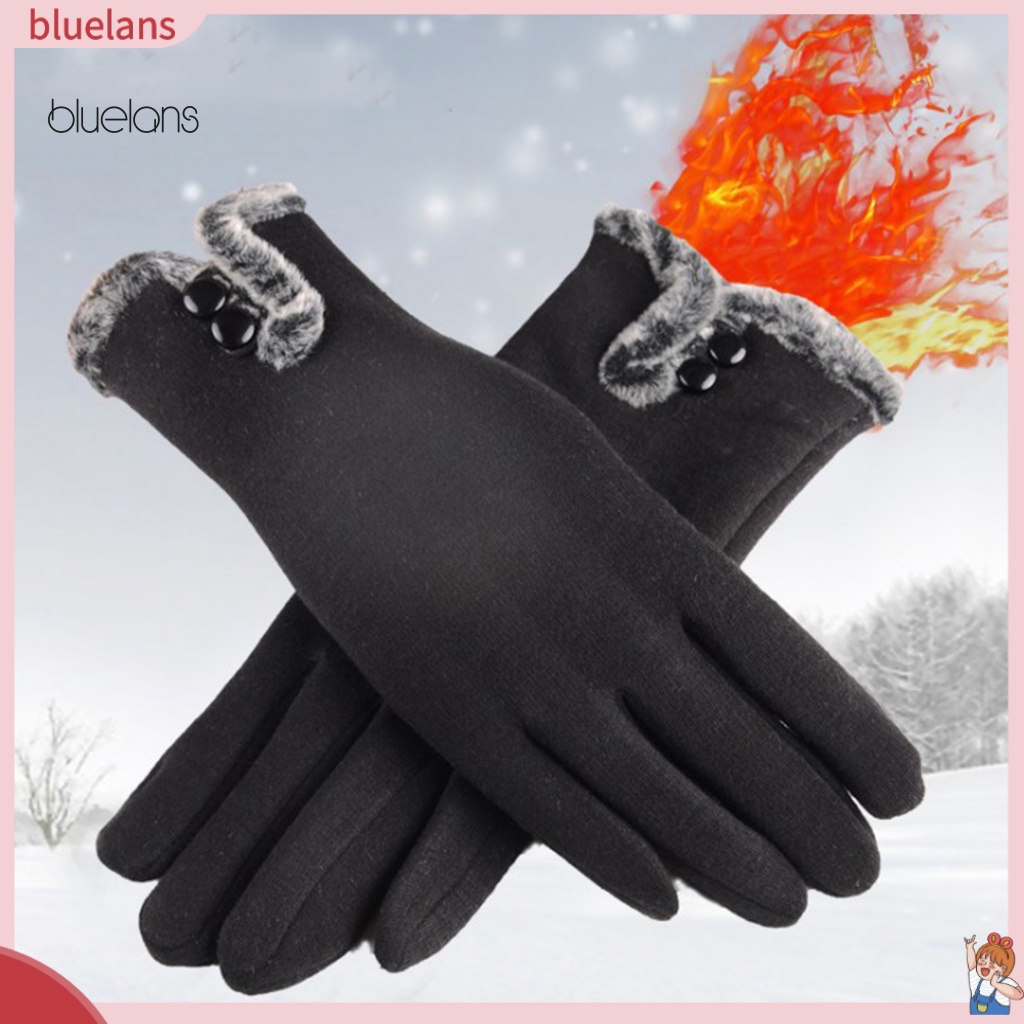 1 Đôi Găng Tay Lái Xe Hai Nút Màu Trơn Lót Lông Cừu Giữ Ấm Cảm Ứng Màn Hình