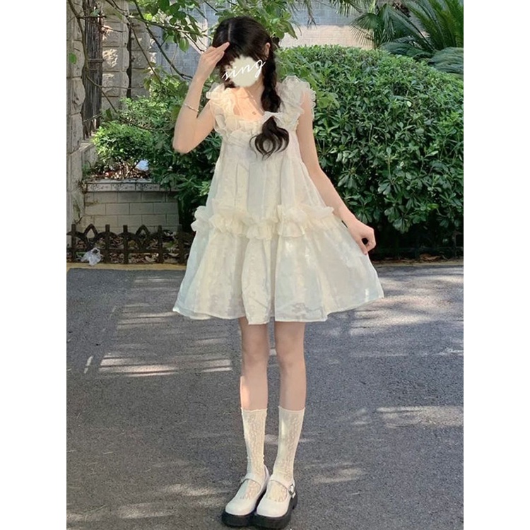 Đầm Hai Dây Nhún Bèo Mềm Mại Phong Cách Nhật Bản Thời Trang Mùa Hè Mới Nhất Dành Cho Nữ Sinh