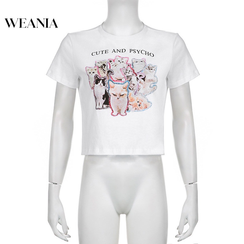 Áo Thun Ngắn Tay Dáng Rộng In Hình Mèo Dễ Thương Cho Nữ