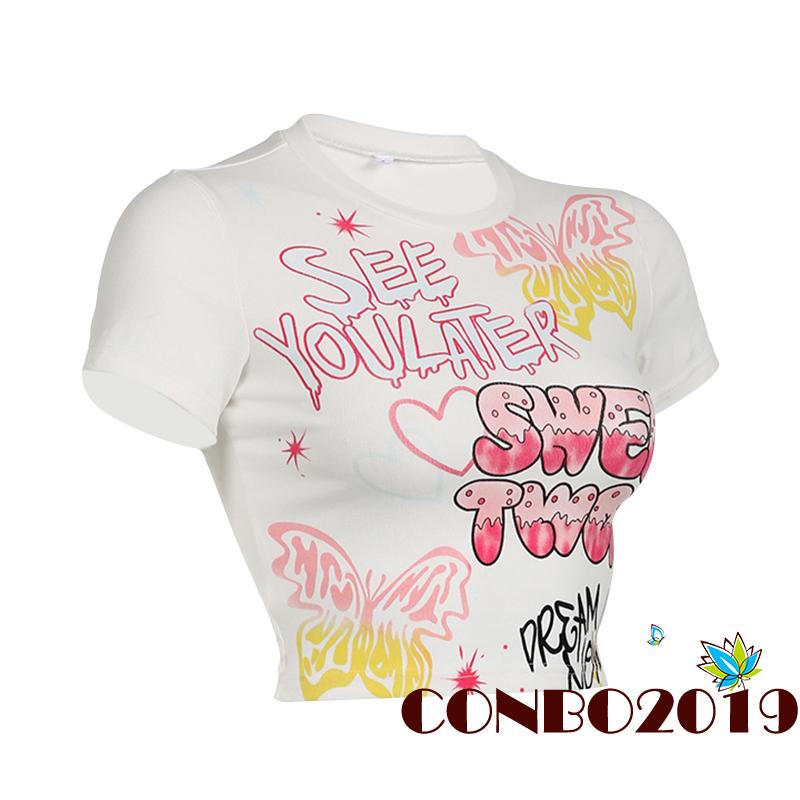 Áo Thun Crop Top Tay Ngắn Cổ Tròn In Họa Tiết Hoạt Hình Thời Trang Xuân Hè Cho Nữ