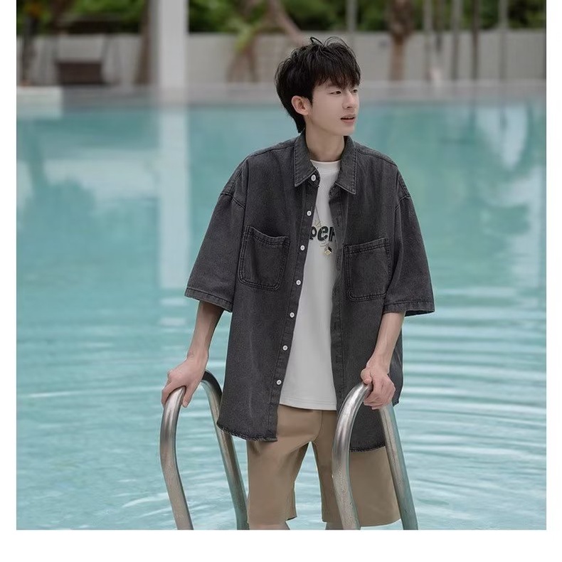 Áo Sơ Mi Denim Tay Ngắn Dáng Rộng Phong Cách Retro Nhật Bản Cao Cấp Thời Trang Mùa Hè Cho Nam
