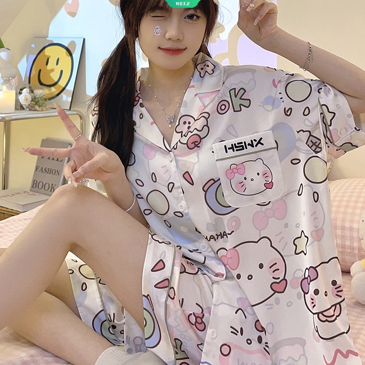 Phong cách Hàn Quốc thời trang mới ngọt ngào đồ ngủ nữ Hello Kitty mùa hè 2023 áo nịt ngắn tay quần short ngắn tay xu hướng giản dị bộ đồ mặc nhà