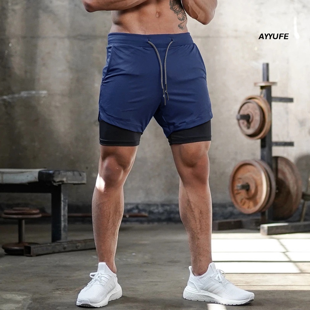 Quần Short Thể Thao Chạy Bộ Vải Polyester Co Giãn Phối Hai Hàng Nút Điều Chỉnh Được Cho Nam