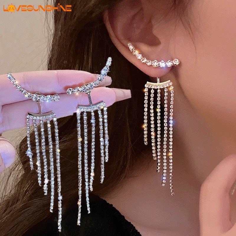 Bông Tai Dáng Dài Đính Đá Phối Tua Rua Thời Trang Dự Tiệc