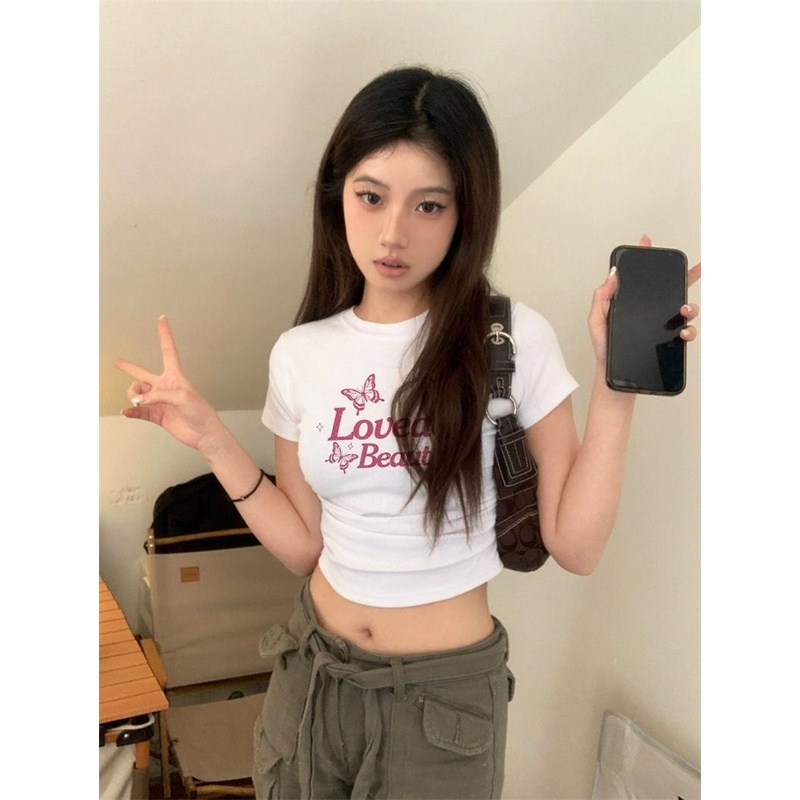 Y2k Áo Baby Tee Thun Croptop Nữ  Tay Ngắn Màu Trắng Thiết Kế Mỏng Cao Cấp Thời Trang Mùa Hè Dành Cho