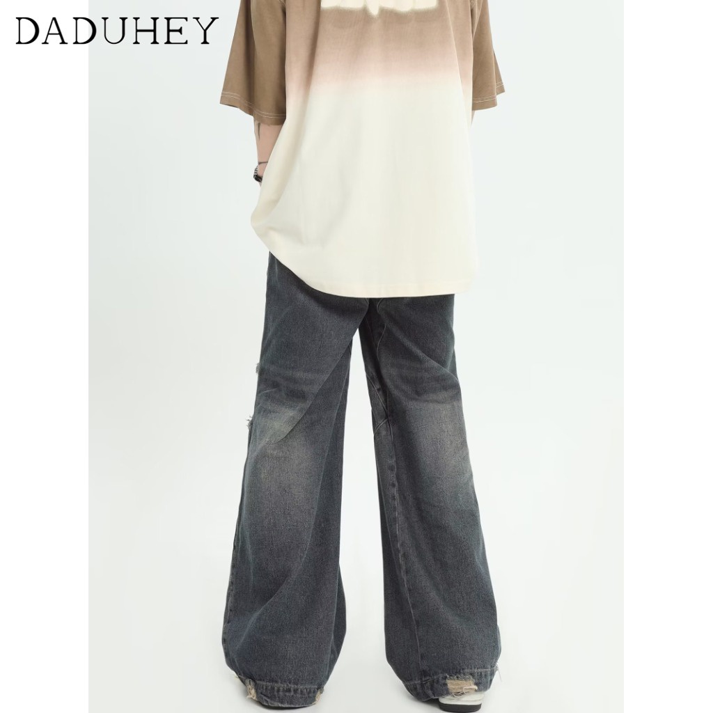 DaDuHey Men's American Vibe Style Draped Casual Pants 2023 Summer High Street Ripped Washed Jeans