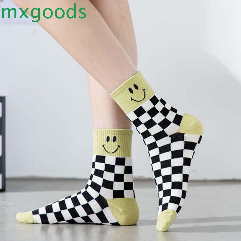 MXGOODS Vớ Cotton Thu Đông Kẻ Sọc Caro Hình Mặt Cười Harajuku Hợp Thời Trang Cho Nữ