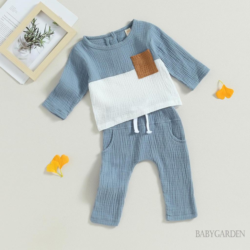 Set Đồ Mùa Thu 2 Món Gồm Áo Tay Dài + Quần Có Túi Màu Sắc Tương Phản Cho Bé Trai / 6 Tháng-4 Tuổi