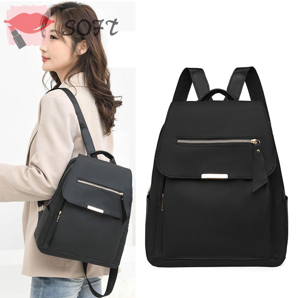 SOFTNESS Ba Lô Nylon Màu Đen Trơn Sức Chứa Lớn Đa Năng Chống Thấm Nước Trọng Lượng Nhẹ Cho Nữ Thanh Thiếu Niên